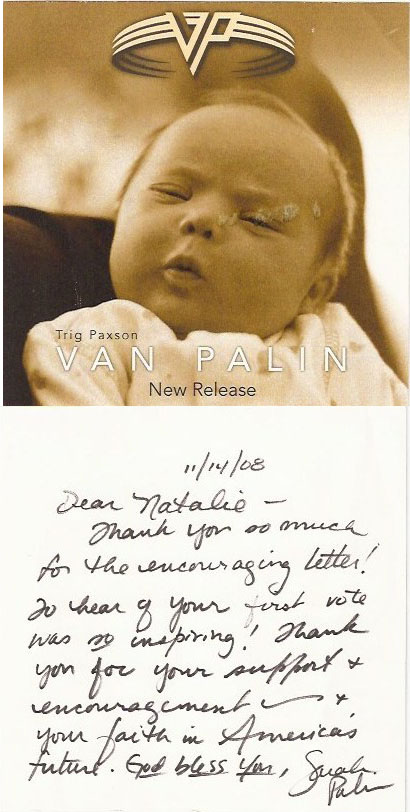 Handwritten note and birth announcement from Sarah Palin